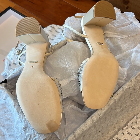 Badgley Mischka Blaine Ivory Satin Beaded Mesh Dress Sandals - Picture 10 of 13